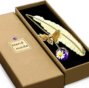 Metal Feather Bookmark with Butterfly Charm